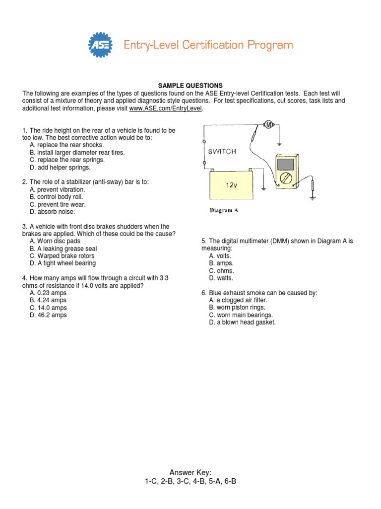ASE Entry-Level Certification Answer Key | PDF | Brake | Clutch