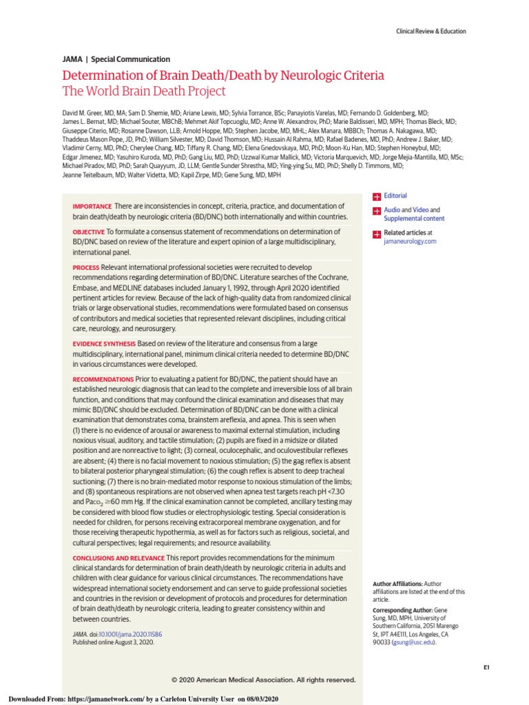 Determination of Brain Death/Death by Neurologic Criteria The World