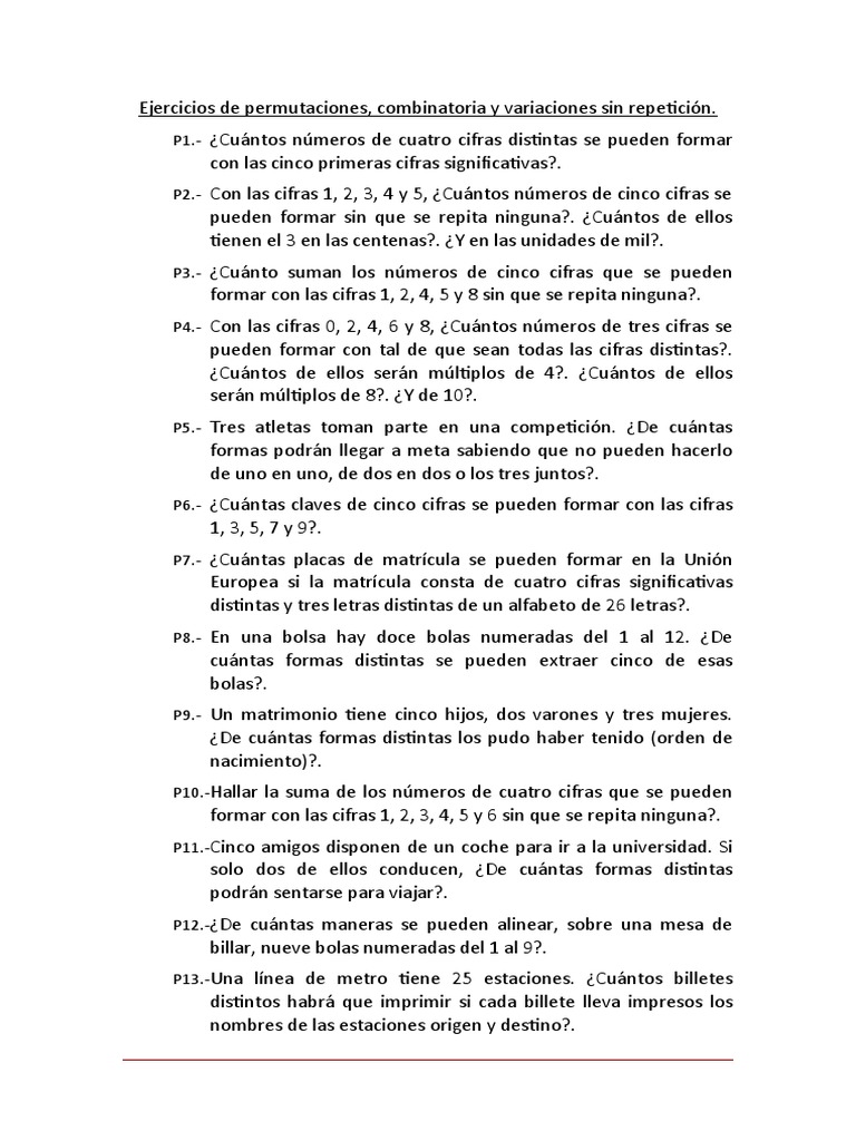 Ejercicios de combinatoria y permutaciones | PDF