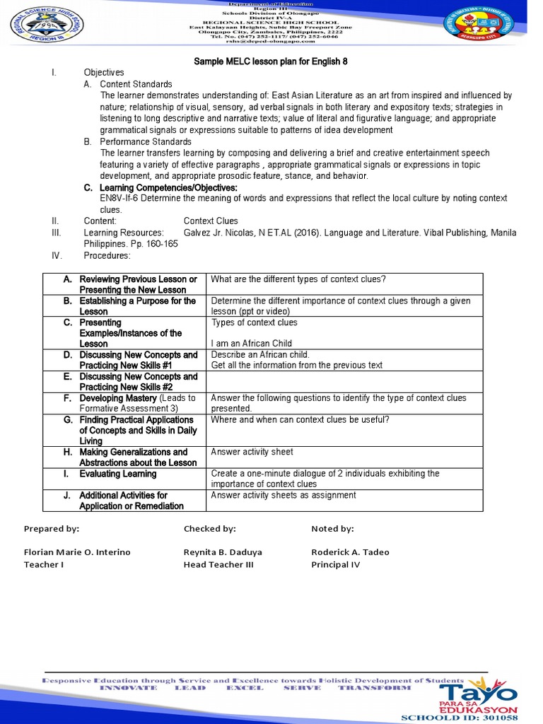 Grade 8 Melc | PDF | Lesson Plan | Learning