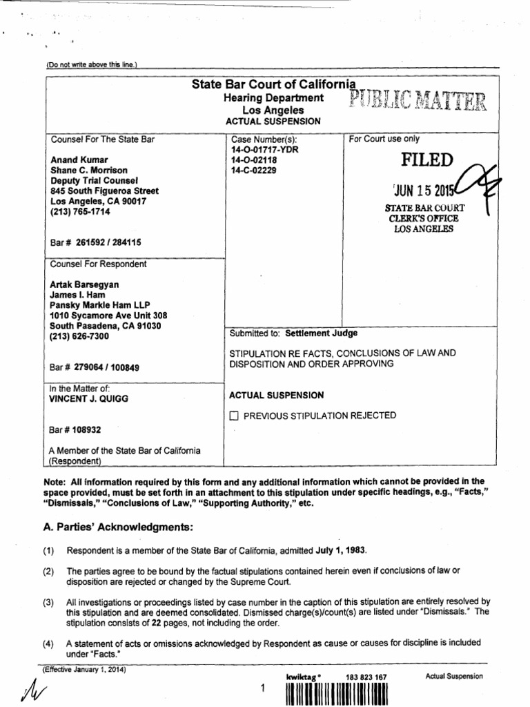 Quigg Vincent 108932 State of California Bar Multiple Bar Discipline