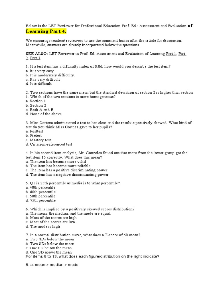 LET Reviewer: Assessment & Evaluation Guide | PDF | Mode (Statistics ...