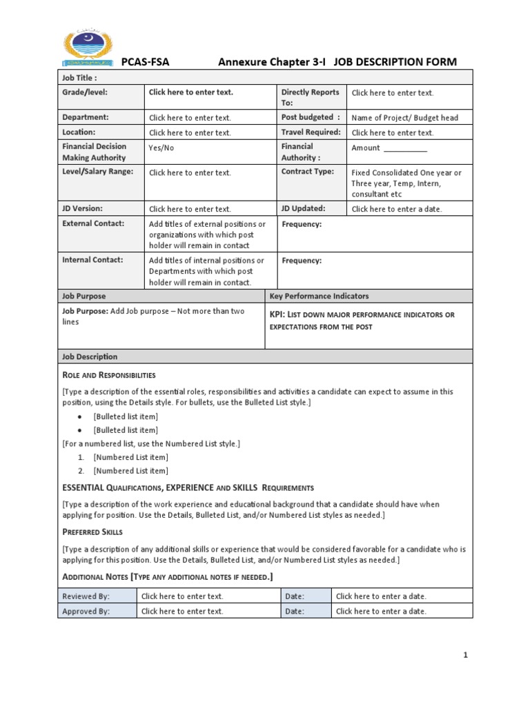PcasFsa Annexure Chapter 3I JOB DESCRIPTION FORM Kpi L PDF Business