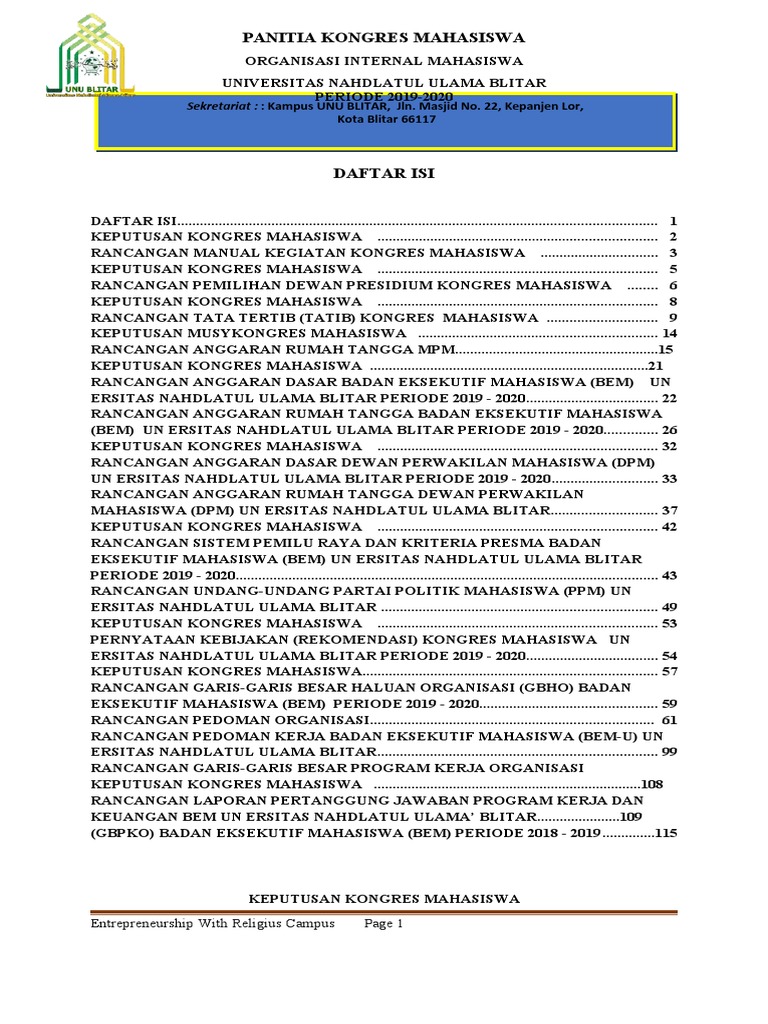Kongres Mahasiswa Iv Republik Mahasiswa Unusida 2019 Pdf