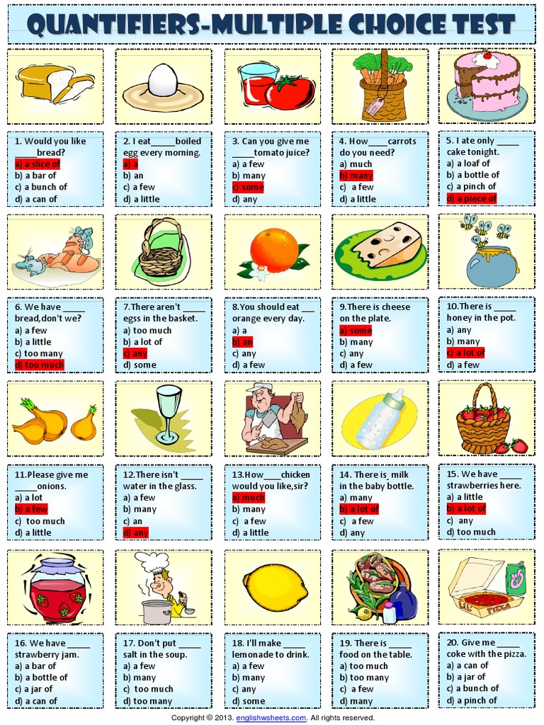 Quantity Quantifiers Multiple Choice Test Worksheet | PDF | Foods | Cuisine