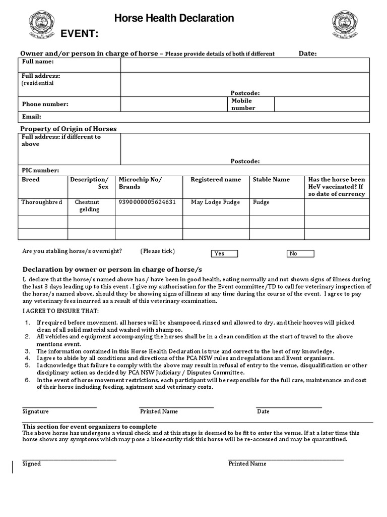 Horse Health Declaration PDF Horses Business