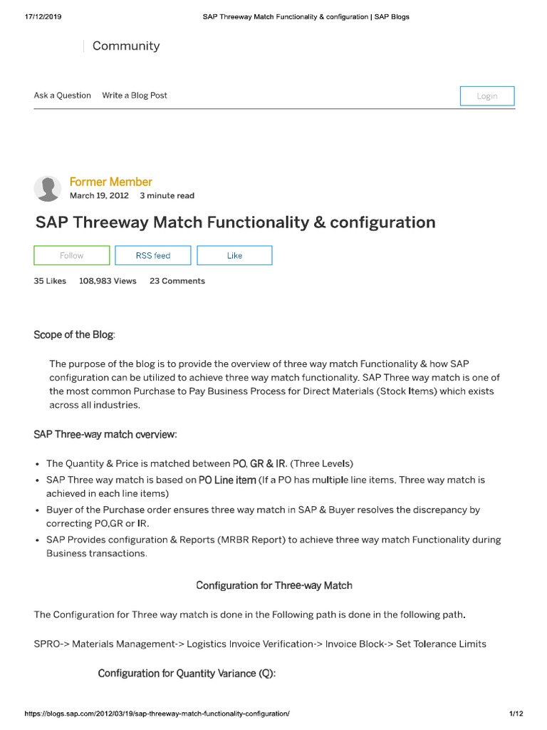 SAP Threeway Match Functionality & Configuration PDF | PDF