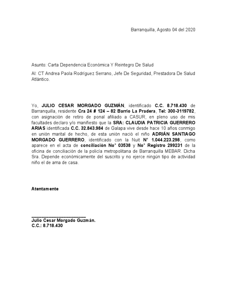 Carta de Dependencia Económica Ejemplo | PDF