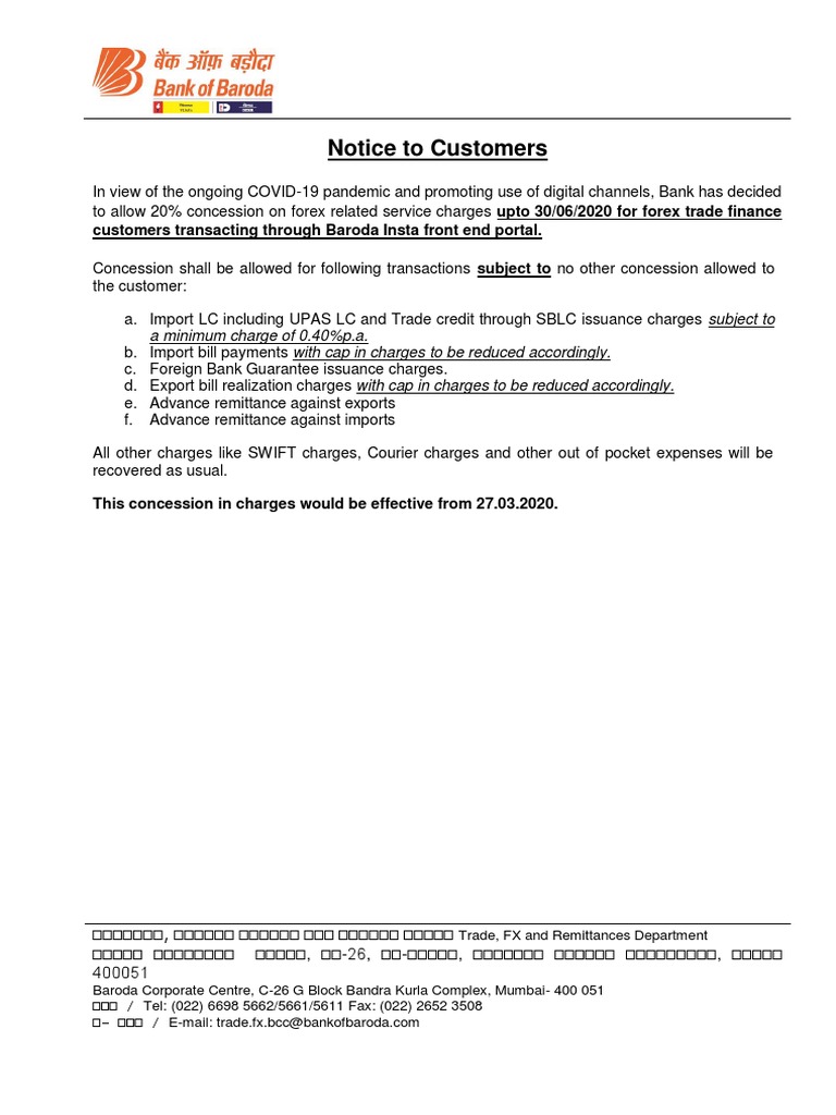 Forex Service Charge Concession Notice | PDF