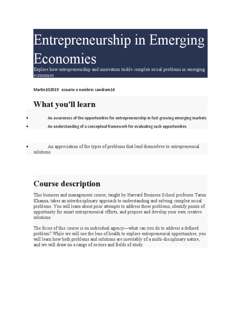 Entrepreneurship in Emerging Economies | PDF | Entrepreneurship ...