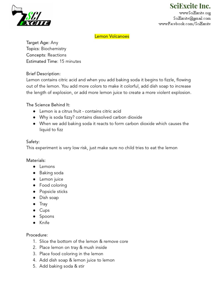 Lemon Volcano Experiment for Kids | PDF | Self-Improvement