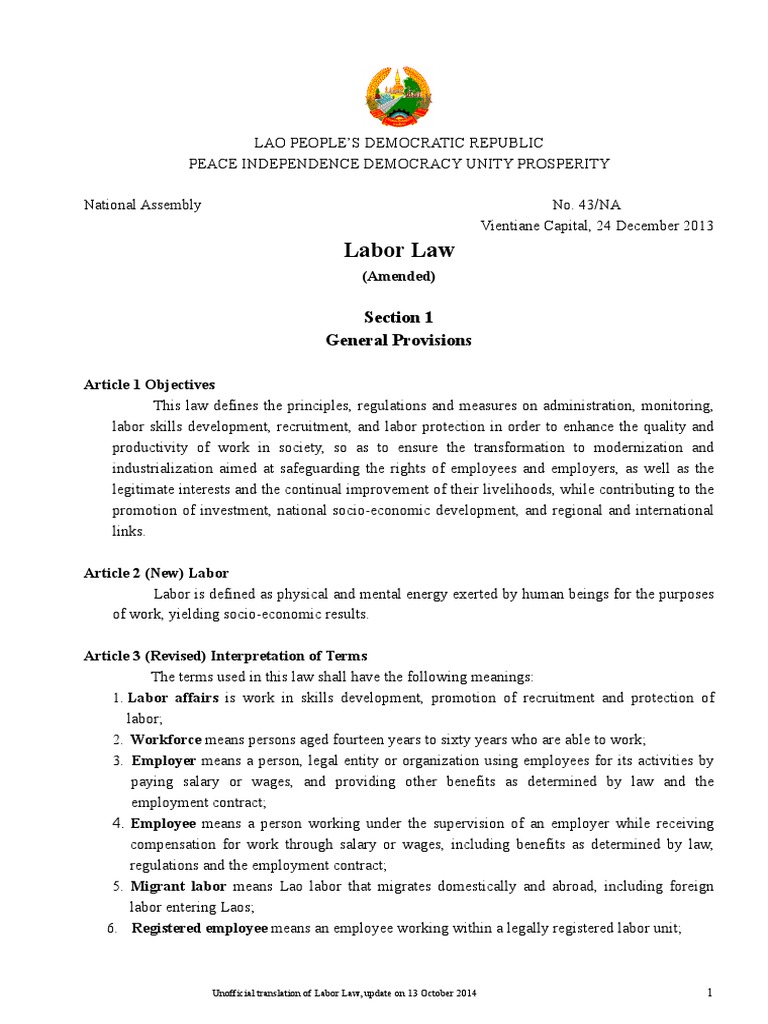 Lao Labor Law Pdf Pdf Overtime Employment