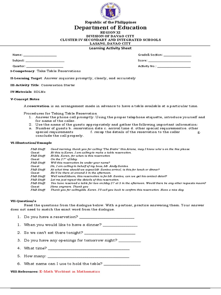 Taking Reservations Role Playing a Phone Conversation to Practice Restaurant Table Reservations