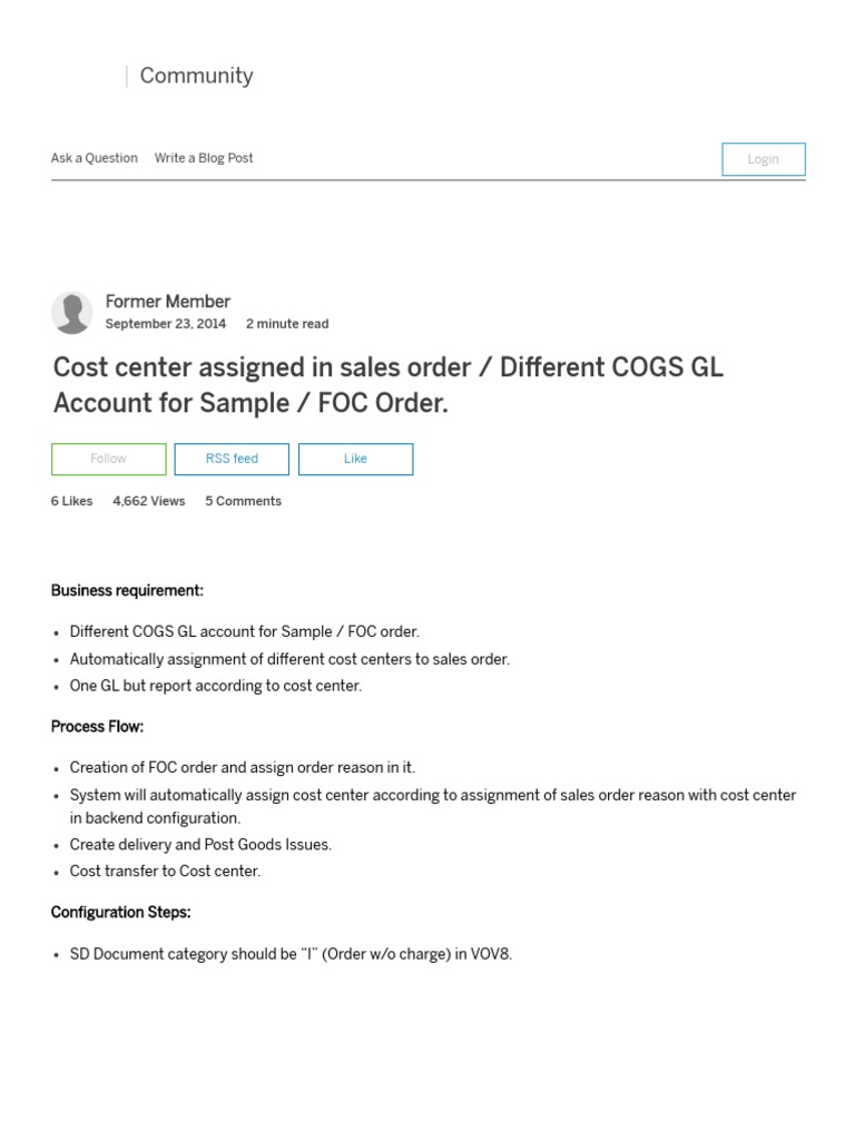 Cost Center Assigned in Sales Order Different COGS GL Account For