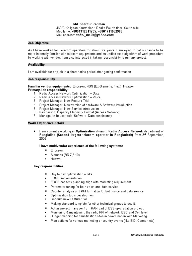 resume Resume Optimization rf optimization engineer resume ericsson telecommunications