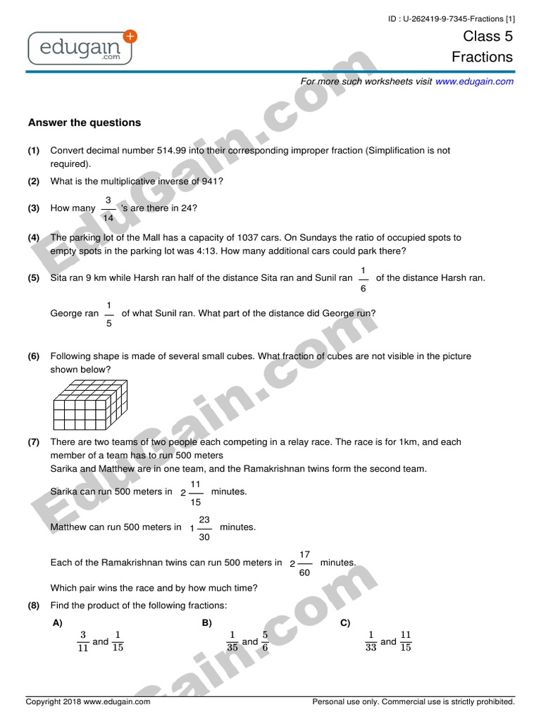 Class 5 Fractions: Answer The Questions | PDF | Fraction (Mathematics