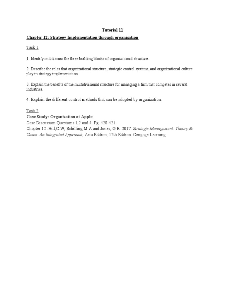 Task 1 1. 2.: Tutorial 11 Chapter 12: Strategy Implementation Through ...
