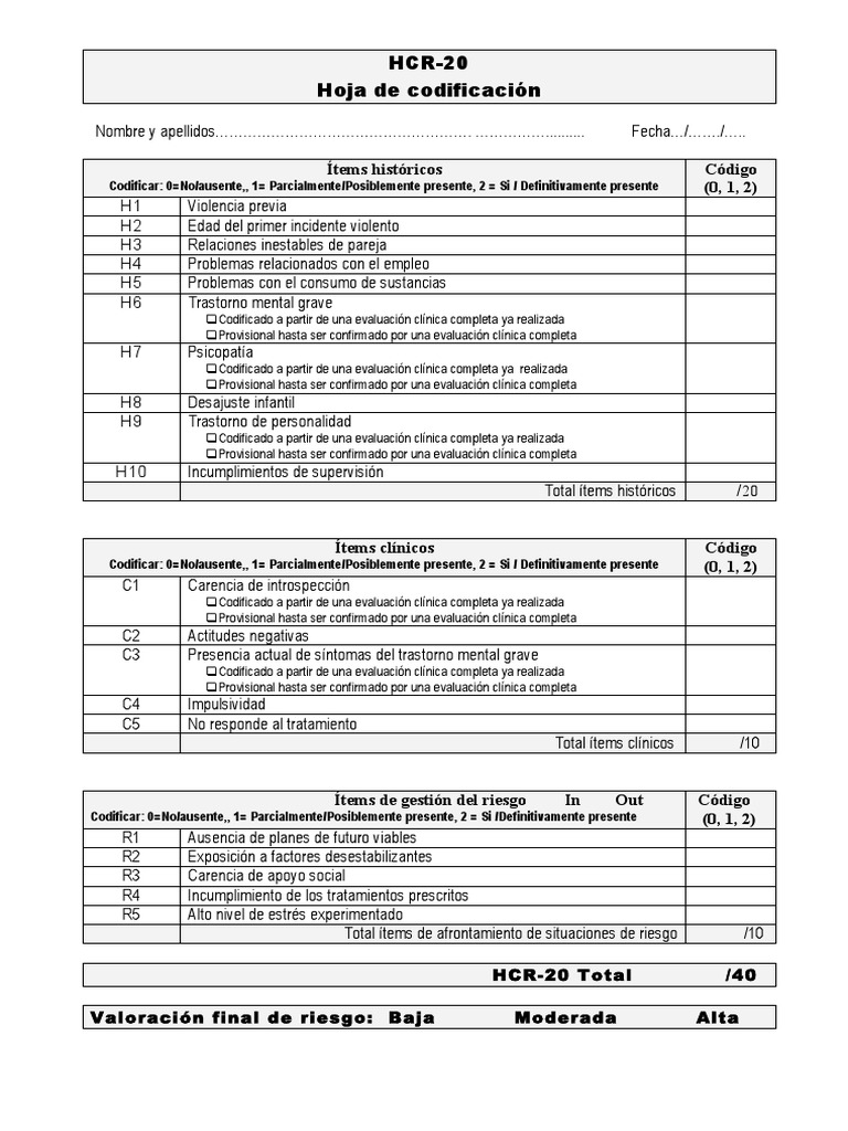 Hoja de Codificación HCR-20 | PDF | Psicologia POSITIVA ...