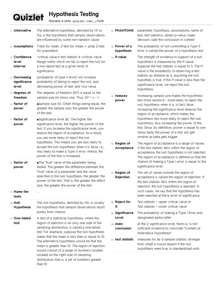 Quizlet PDF PDF Type I And Type Ii Errors Statistical Hypothesis
