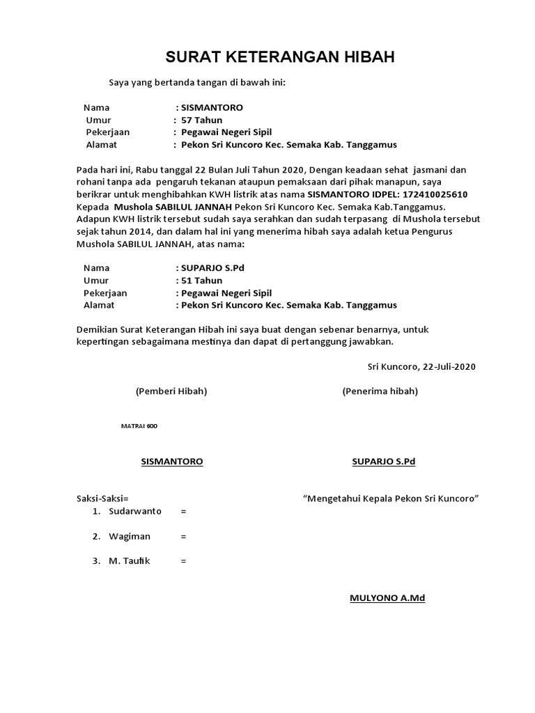 Surat Keterangan Hibah Kwh