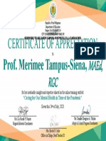 Certificate of Appreciation: Prof. Merimee Tampus-Siena