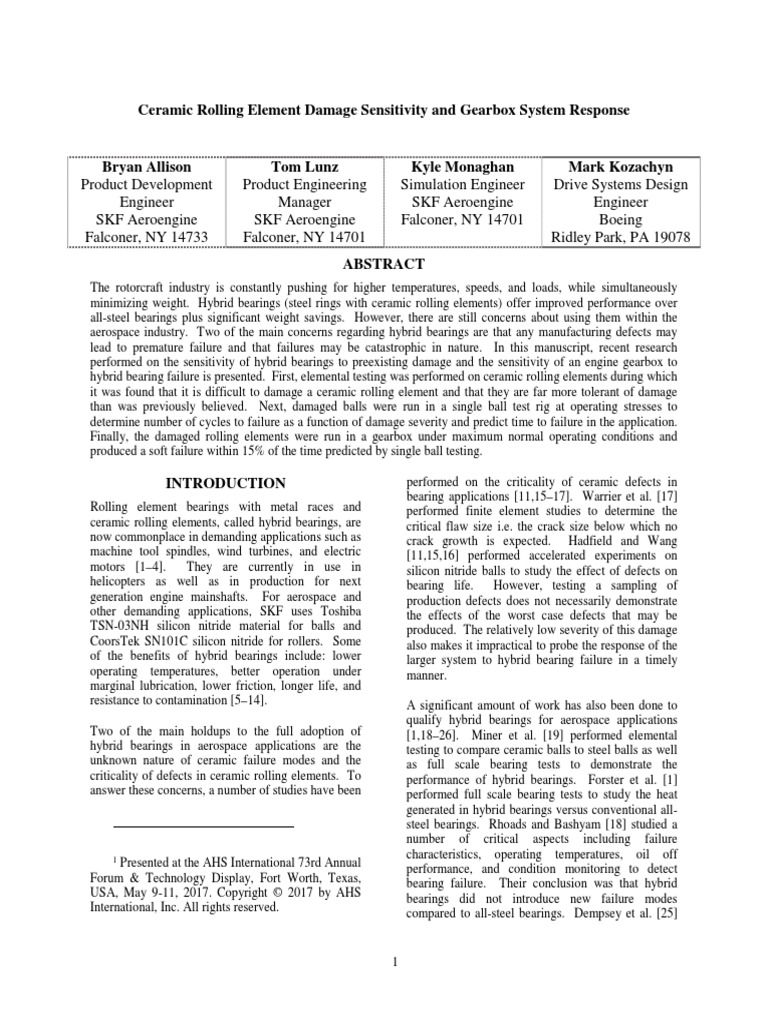 Ceramic Rolling Element Damage Sensitivity and Gearbox System Response PDF Bearing