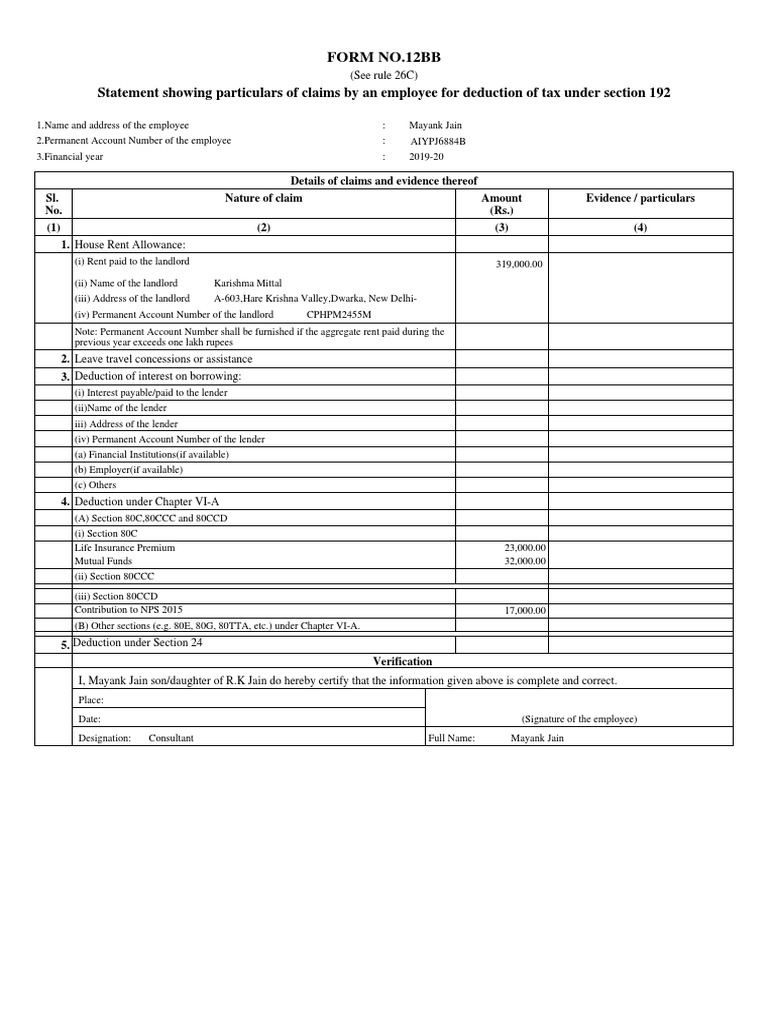 Statement Showing Particulars of Claims by An Employee For Deduction of ...