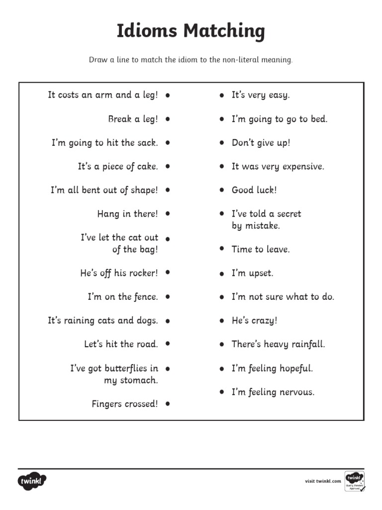 Idioms Matching Draw A Line To Match The Idiom To The NonLiteral Meaning PDF