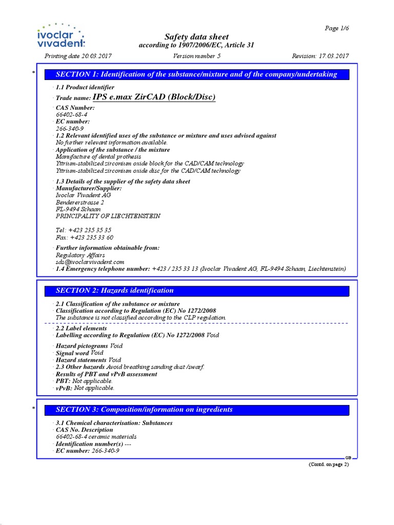 Zirconium Safety Data Sheet for Dentistry | PDF | Dangerous Goods ...