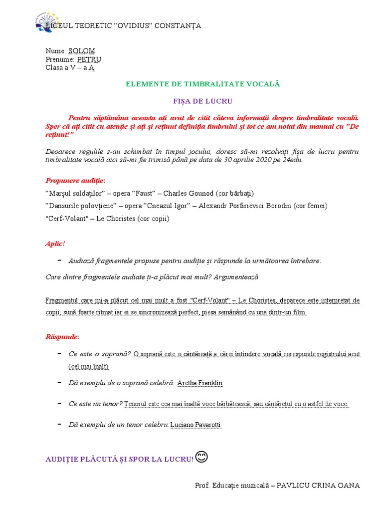 Timbrul Vocal - Fisa de Lucru | PDF