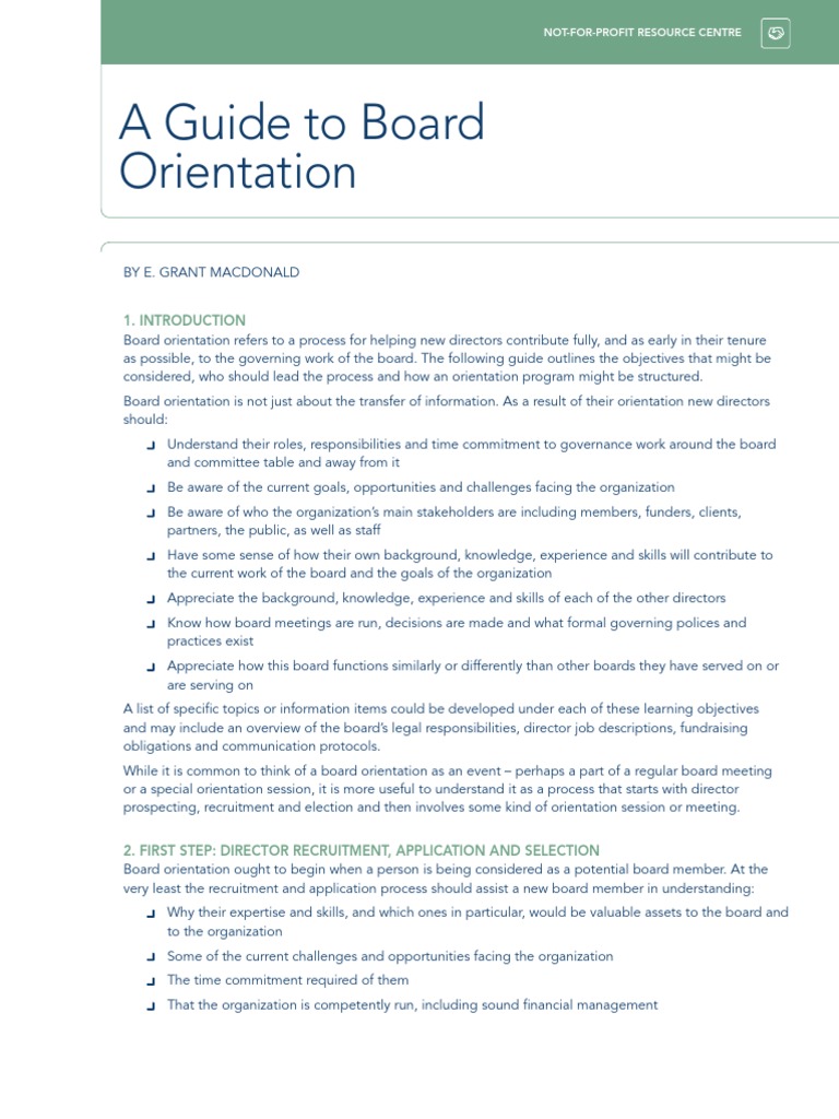 A Guide To Board Orientation NotForProfit Resource Centre PDF