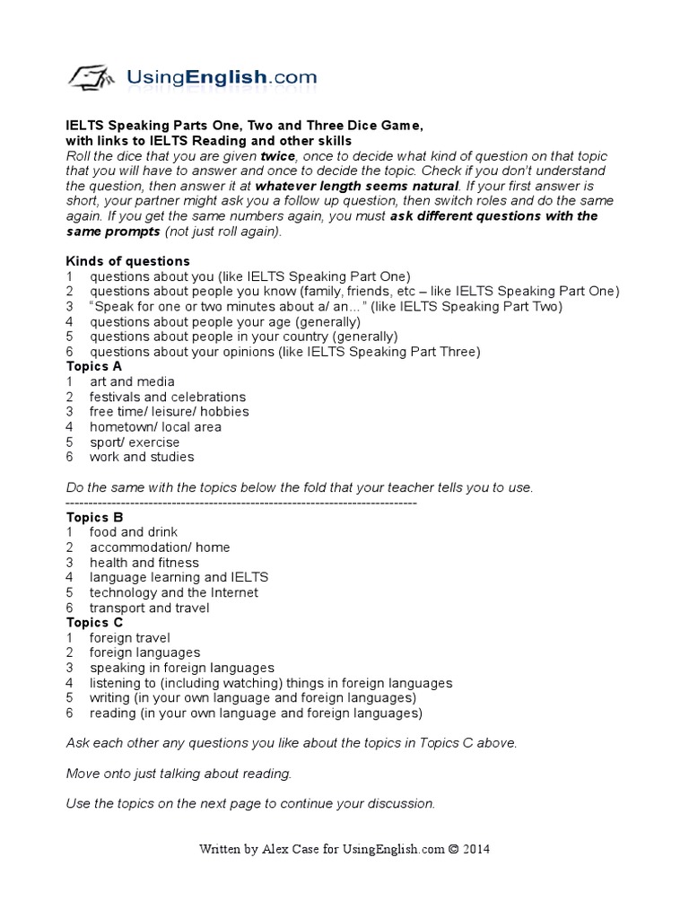 Ielts Speaking Parts One Two and Three Dice Game PDF | PDF | Vocabulary ...