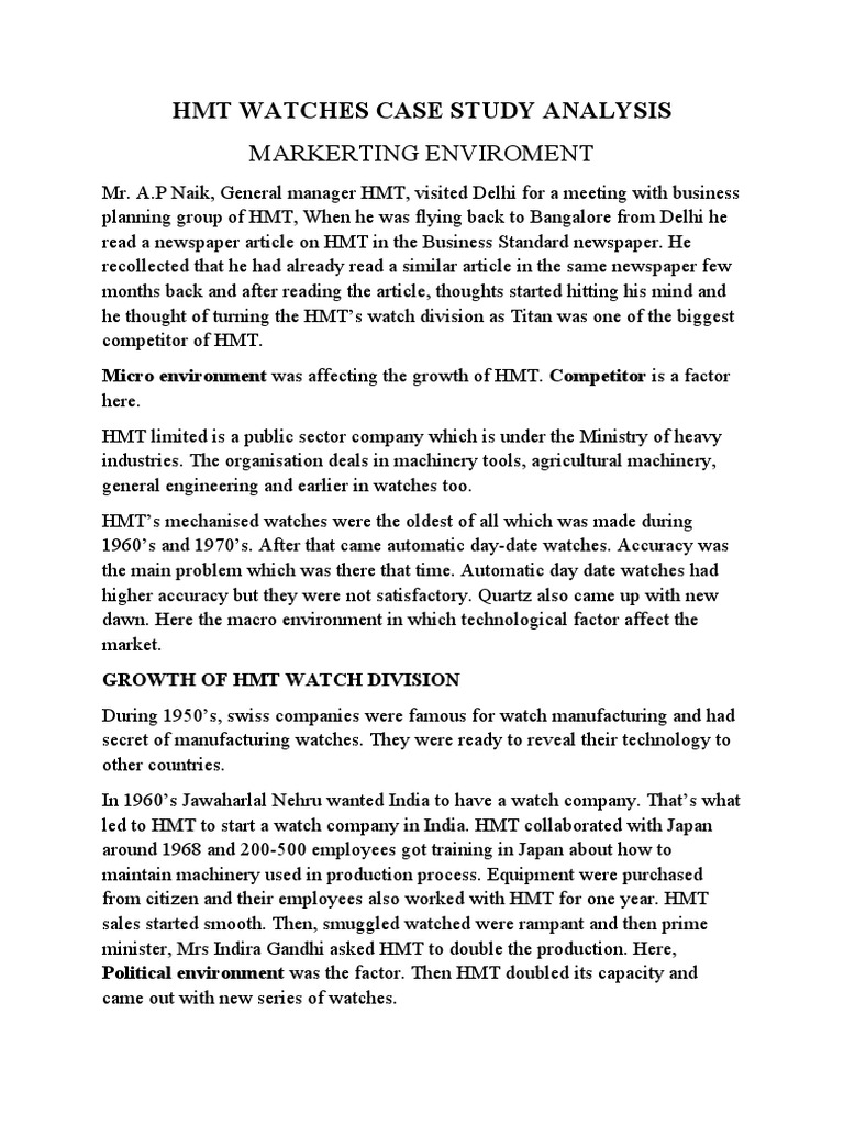 HMT WATCHES CASE STUDY ANALYSIS Group 12 PDF Business Marketing