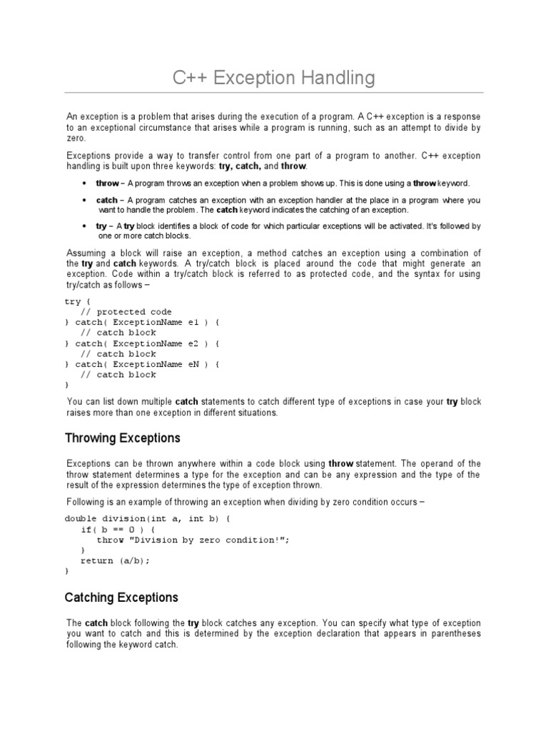C++ Exception Handling Throwing Exceptions Download Free PDF C++