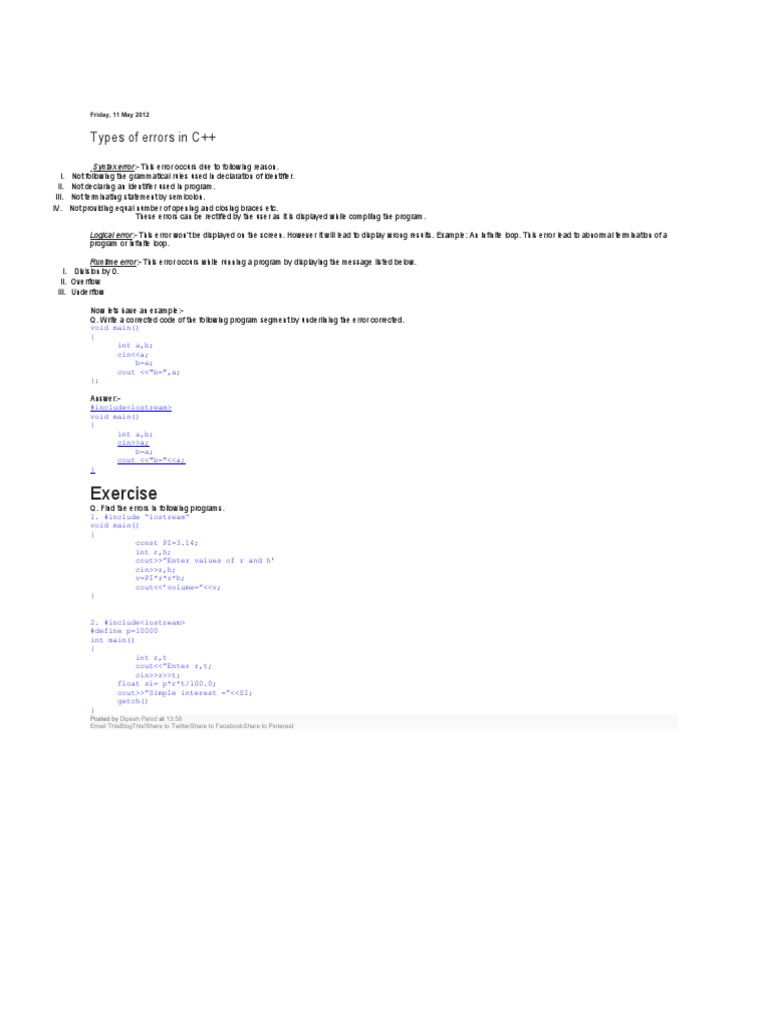 Exercise: Types of Errors in C++ | PDF | Control Flow | Computer ...