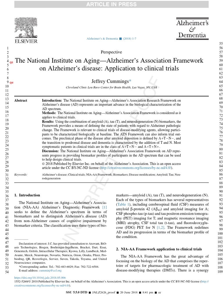The National Institute On Aging-Alzheimer's Association Framework On ...