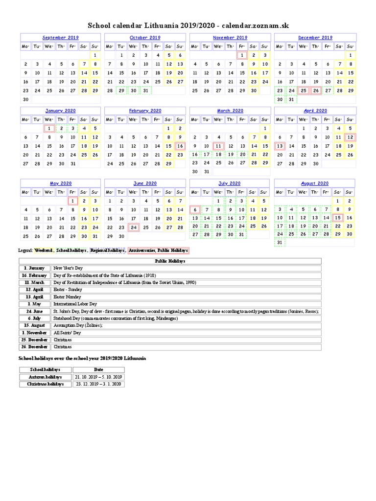 School Calendar Lithuania 2019/2020 - Calendar - Zoznam.sk: September