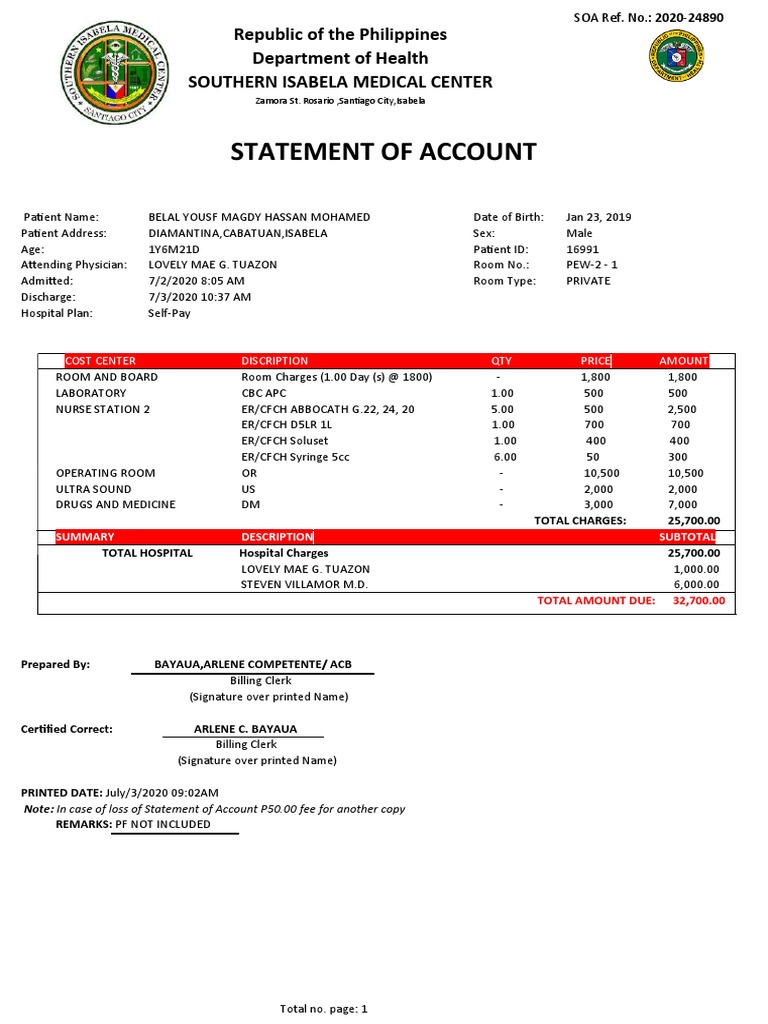 Statement of Account: Republic of The Philippines Department of Health ...