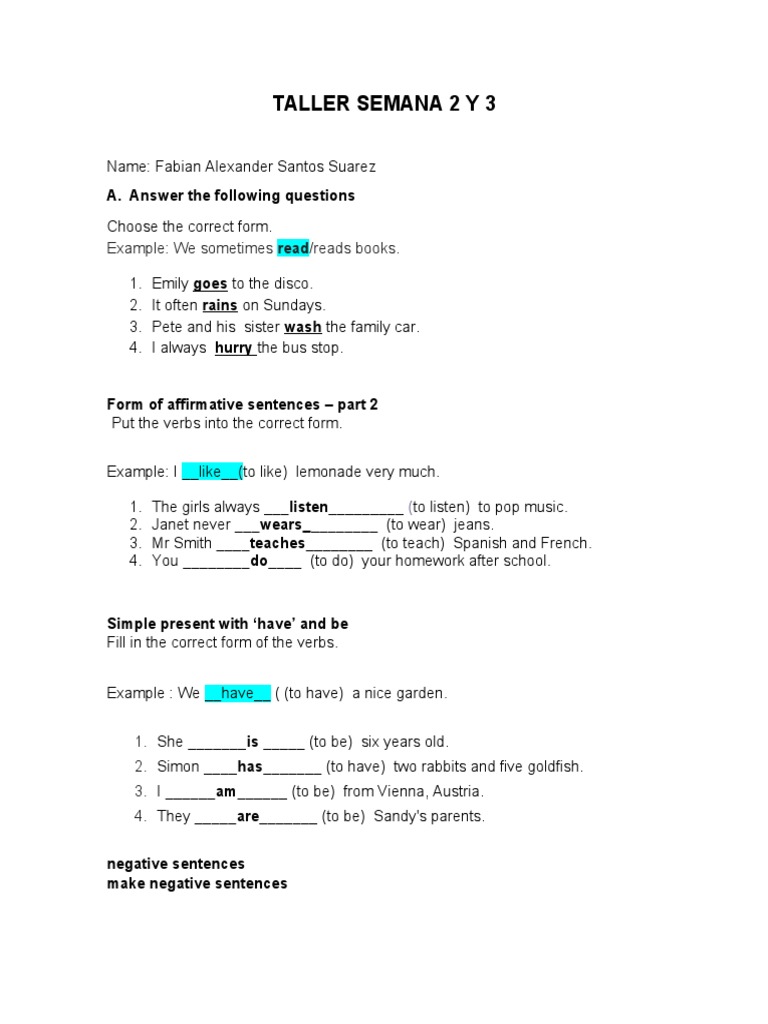 TALLER SEMANA 2 Y 3 Ingles | PDF