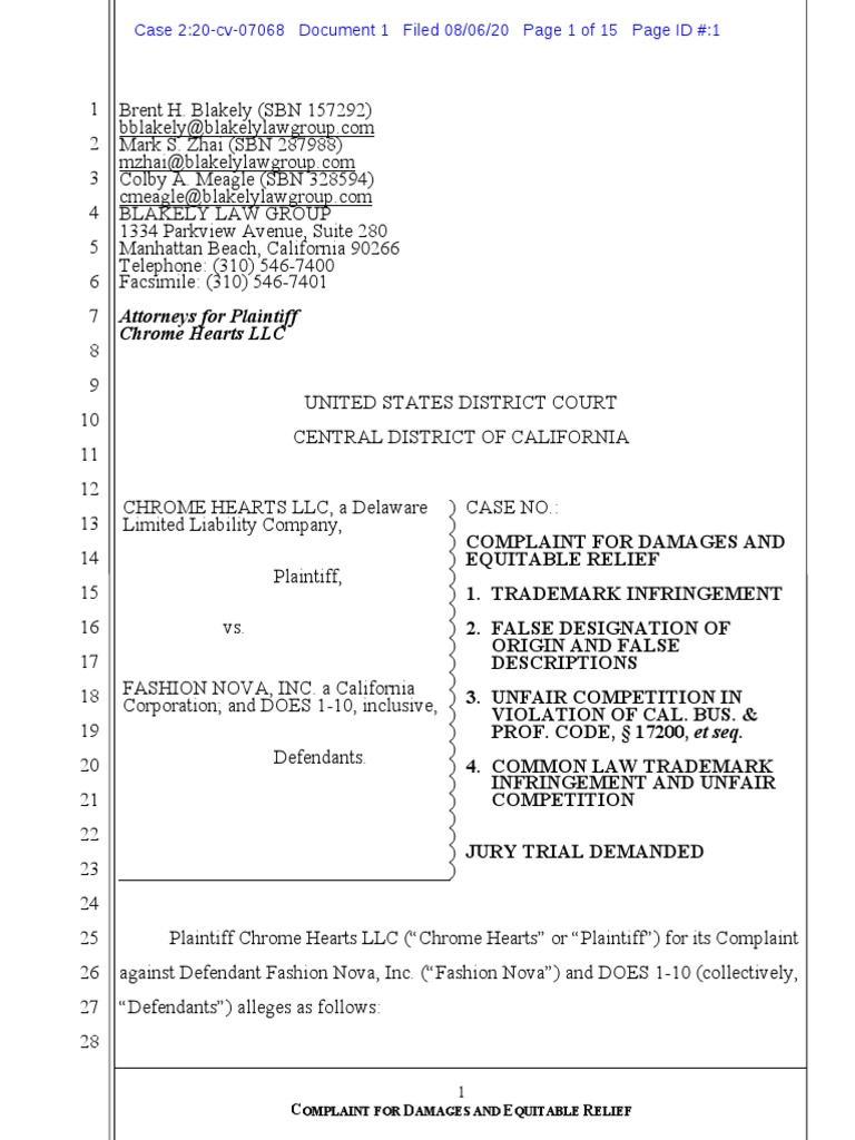 Chrome Hearts V Fashion Nova Complaint Injunction