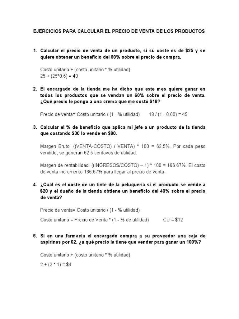 Ejercicios para Calcular Precios de Venta | PDF | Margen bruto | Economias