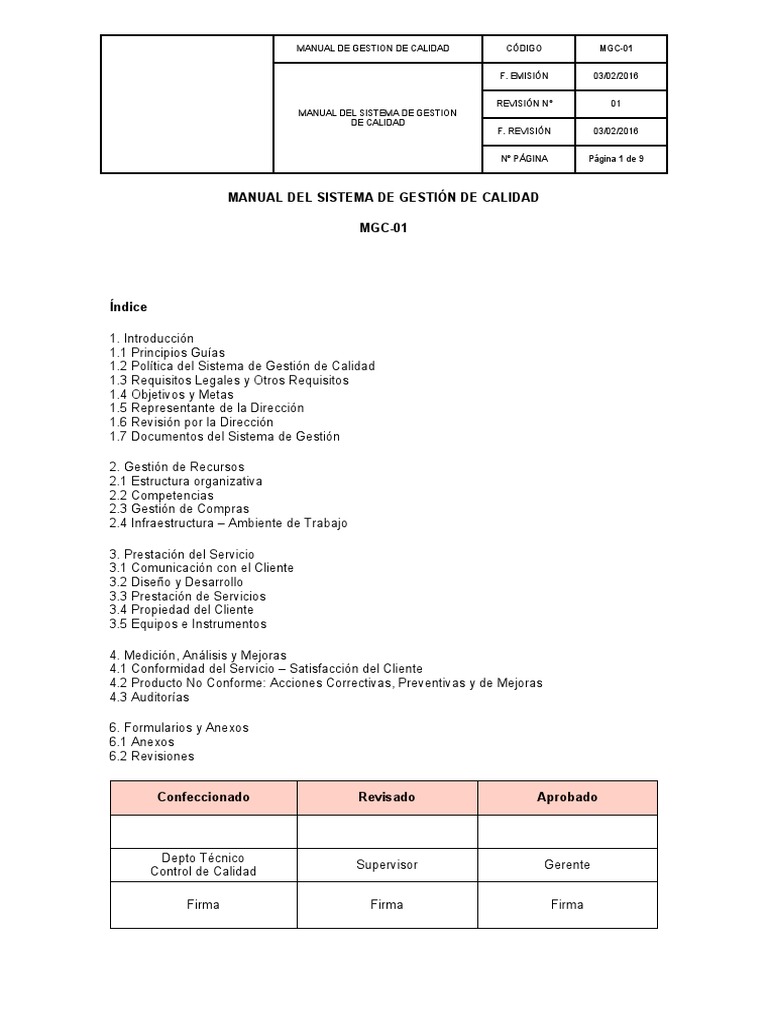 Ejemplo de Manual Del Sistema de Gestion de Calidad | PDF | Sistema de ...