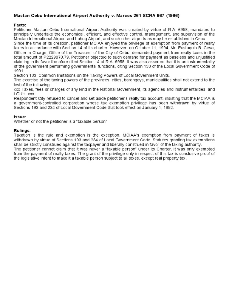 Mactan Cebu International Airport vs. Marcos, 261 SCRA 667 PDF Tax