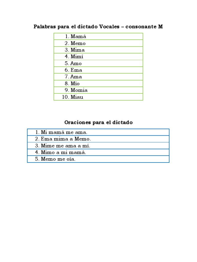 Dictado de palabras y oraciones con M | PDF