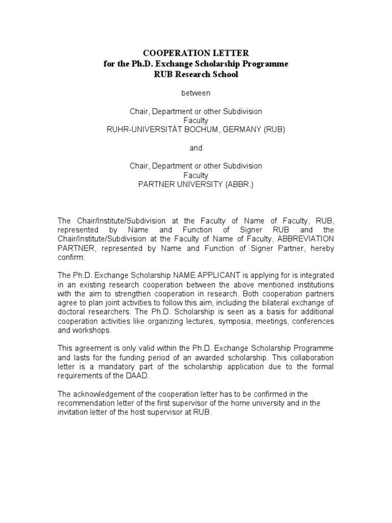 Cooperation Letter For The Ph.D. Exchange Scholarship Programme RUB ...