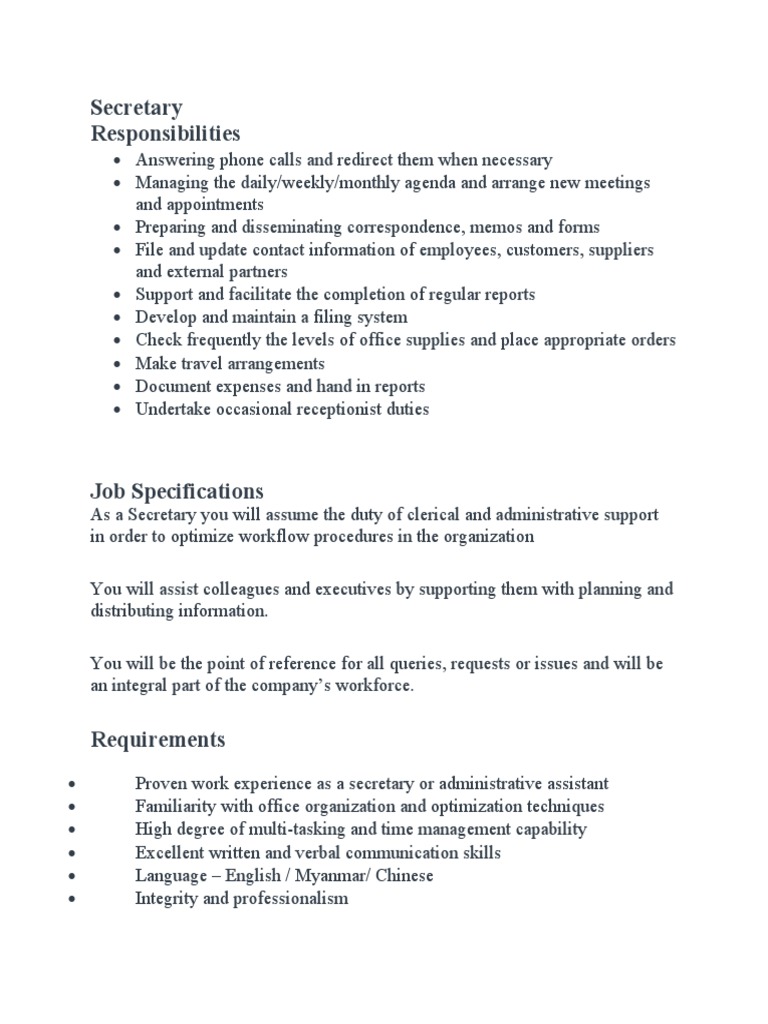 Secretary Job Responsibilities & Requirements | PDF