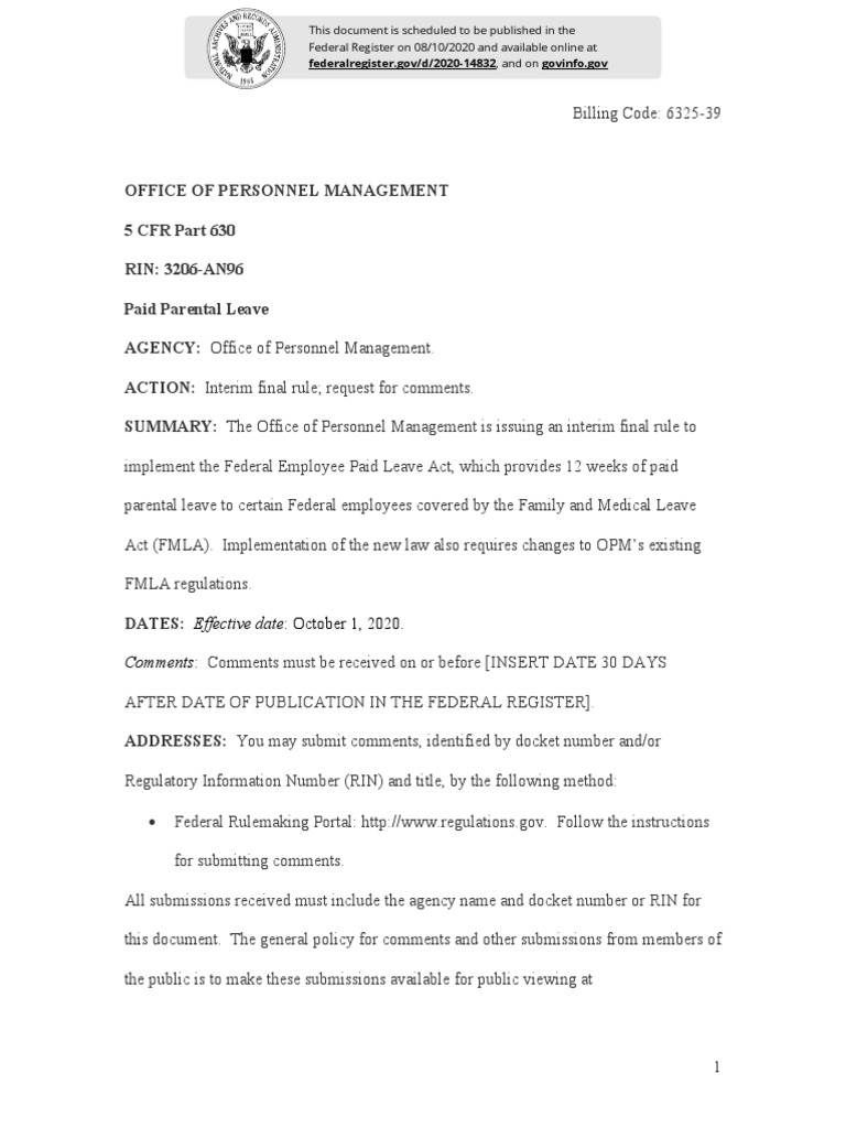 OPM Interim Final Rule On Paid Parental Leave PDF Family And Medical Leave Act Of 1993