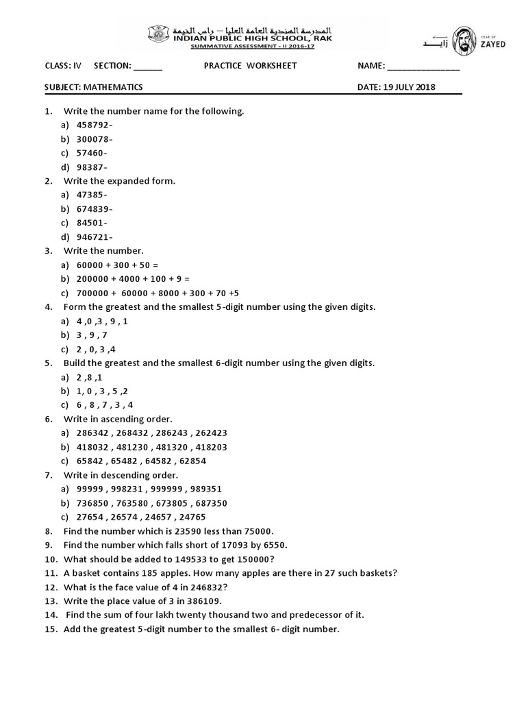 MATHS PRACTICE WORKSHEET CLASS IV | PDF | Circle | Radius
