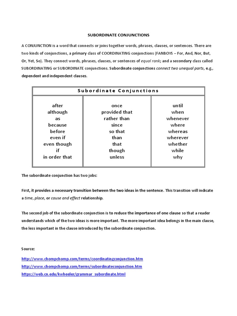 Understanding Subordinate Conjunctions | PDF