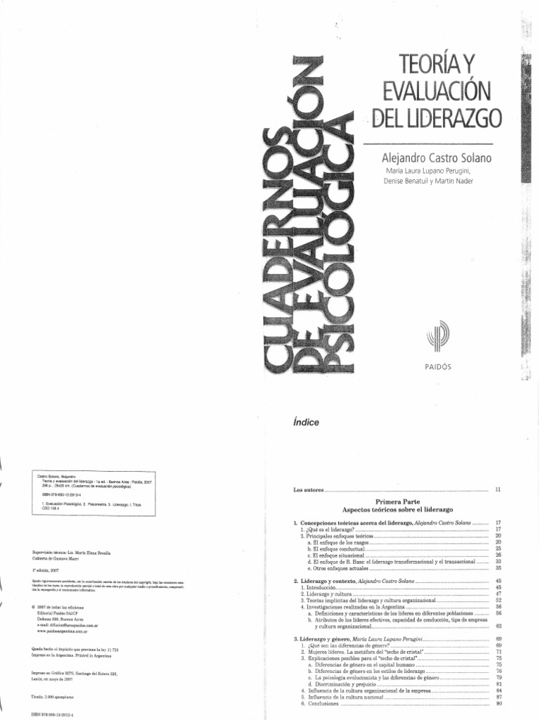 Teoria y Evaluacion Del Liderazgo. Alejandro Castro Solano | PDF